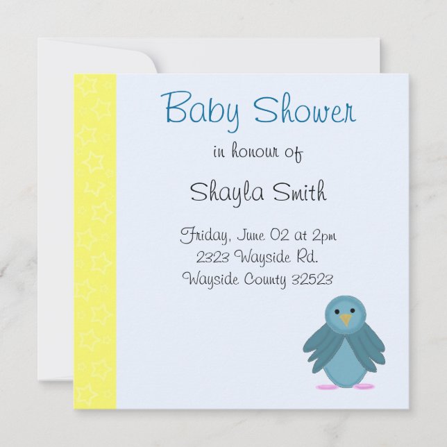 Invitation Baby-Shower Petit Oiseau Bleu (Devant)