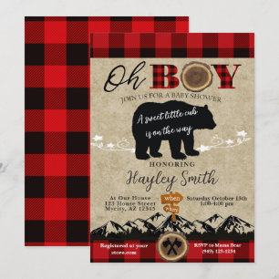 Invitation Baby shower Petit Ours Flannel Lumberjack Thème