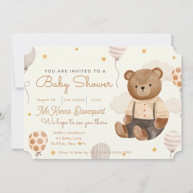 Invitation Baby shower petit ours mignon garçon (Devant)