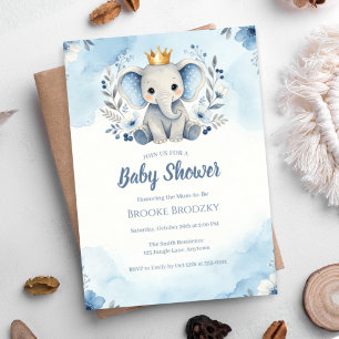 Invitation Baby Shower Petit Prince Éléphant Floral Bleu