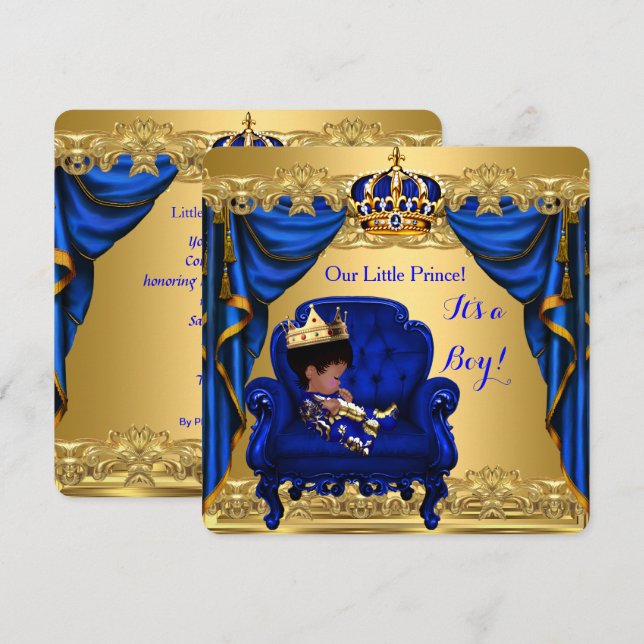 Invitation Baby shower Petit Prince Royal Bleu Golden (Devant / Derrière)