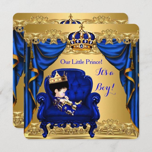 Invitation Baby shower Petit Prince Royal Blue Golden 2 (Devant / Derrière)