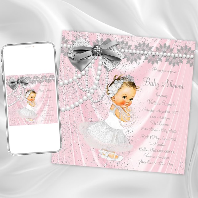Invitation Baby Shower Petite Dame Satin Rose Perle (Adorable pink and gray baby shower invitation. Instant download and printed invitations available.)