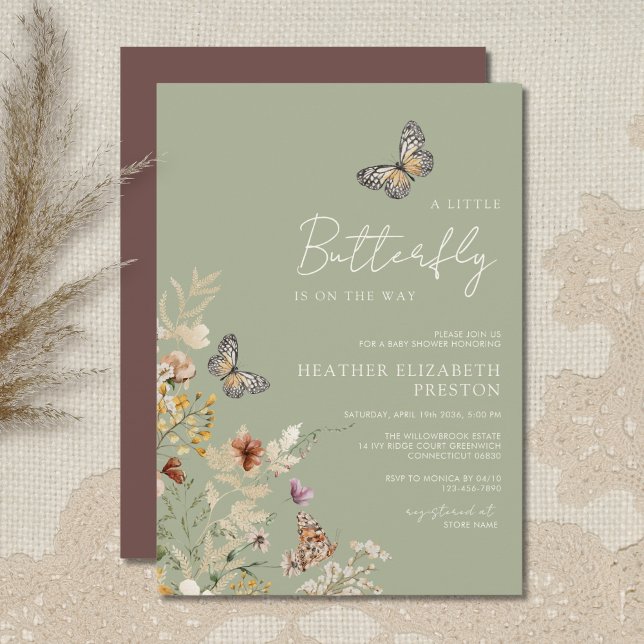 Invitation Baby Shower Petite Fleur Sauvage Papillon Vert (Créateur téléchargé)