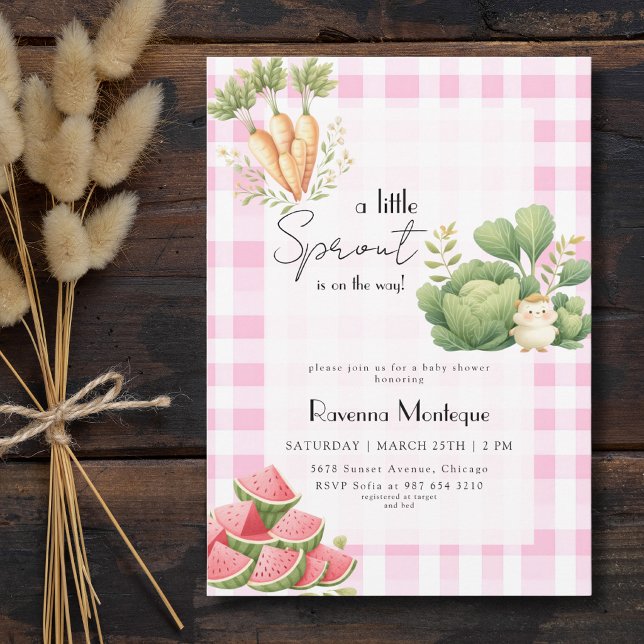 Invitation Baby Shower Petite Pousse Gingham Rose (Créateur téléchargé)