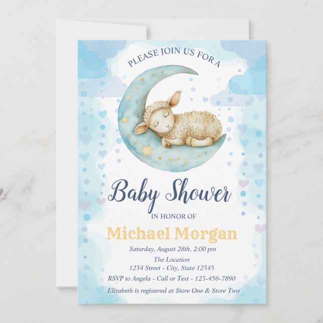 Invitation Baby Shower Petits Moutons Cœurs Lune Bleus (Devant)