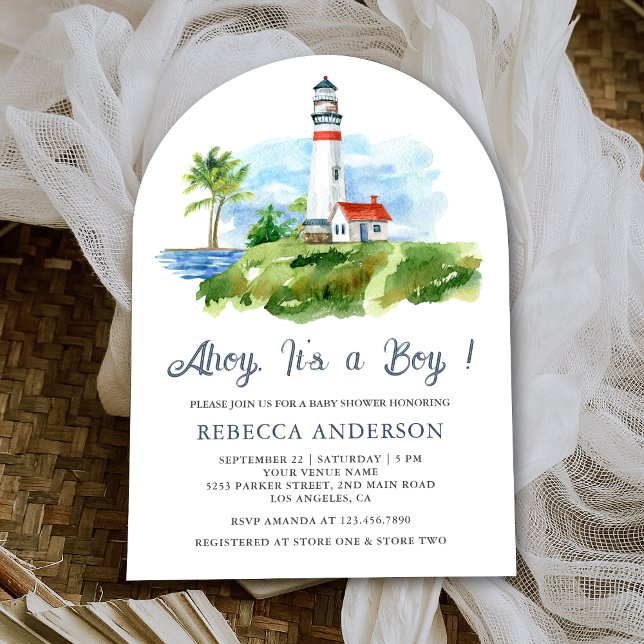 Invitation Baby Shower Phare Aquarelle Thème Marin (Créateur téléchargé)