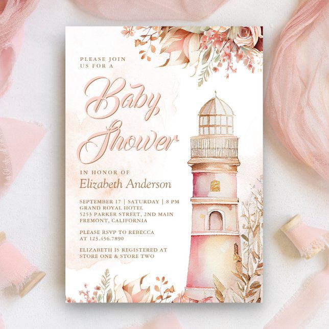 Invitation Baby Shower Phare Floral Boho Rose (Créateur téléchargé)