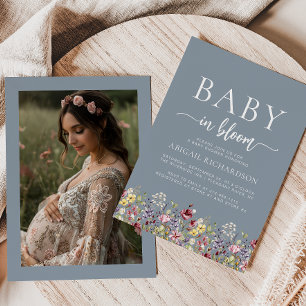 Invitation Baby shower photo Boho Fleur sauvage Dusty Blue