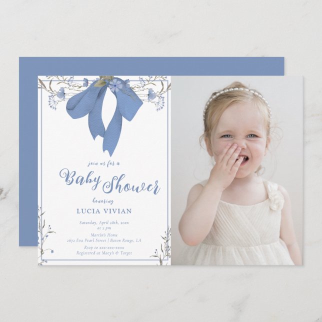 Invitation Baby shower photo Coquette Bow Fleur sauvage bleu (Devant / Derrière)