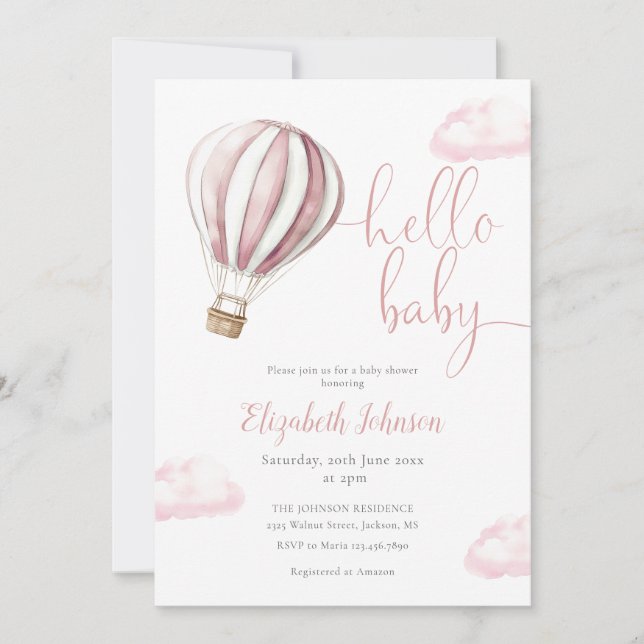 Invitation Baby shower photo de la fille à ballons roses QR C (Devant)