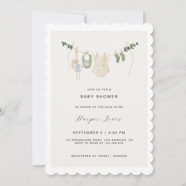 Invitation Baby shower photo de vêtements neutres pour les fe (Devant)