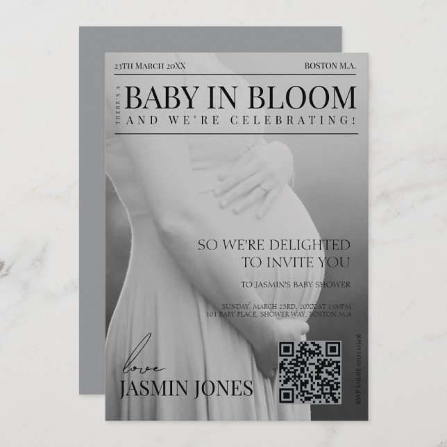 Invitation Baby shower photo éditorial de style magazine uniq (Devant / Derrière)
