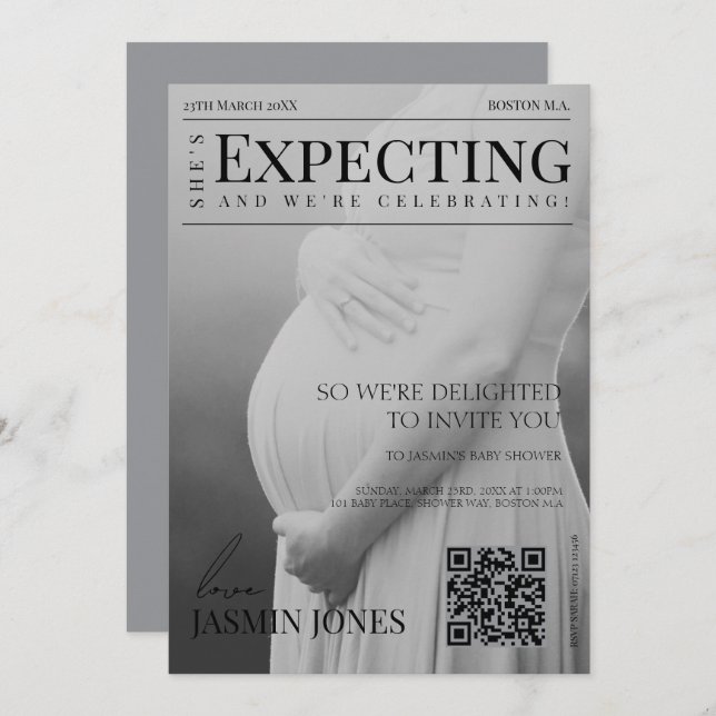 Invitation Baby shower photo éditorial de style magazine uniq (Devant / Derrière)