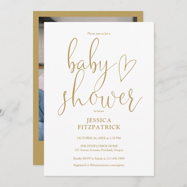 Invitation Baby shower photo élégant Gold Heart Script (Devant / Derrière)