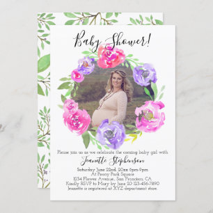 Invitation Baby shower photo Fleur aquarelle