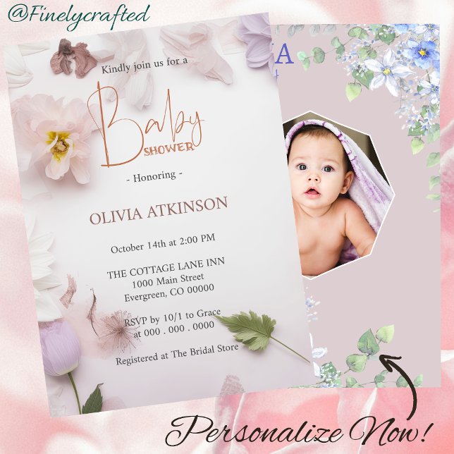 Invitation Baby shower photo floral nature personnalisée (Créateur téléchargé)