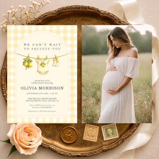 Invitation Baby Shower Photo Gingham Pressage de Citron (Créateur téléchargé)
