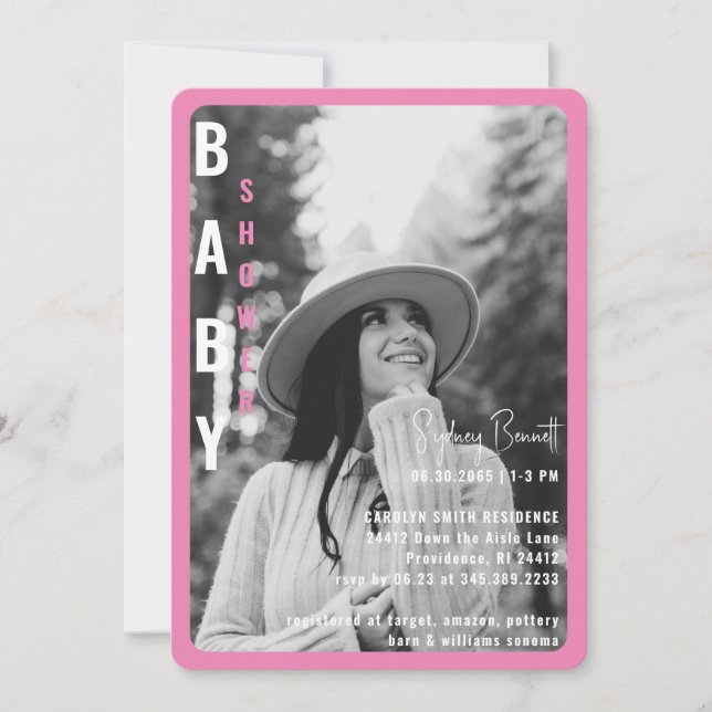 Invitation Baby shower photo moderne rose arrondi B/W (Devant)