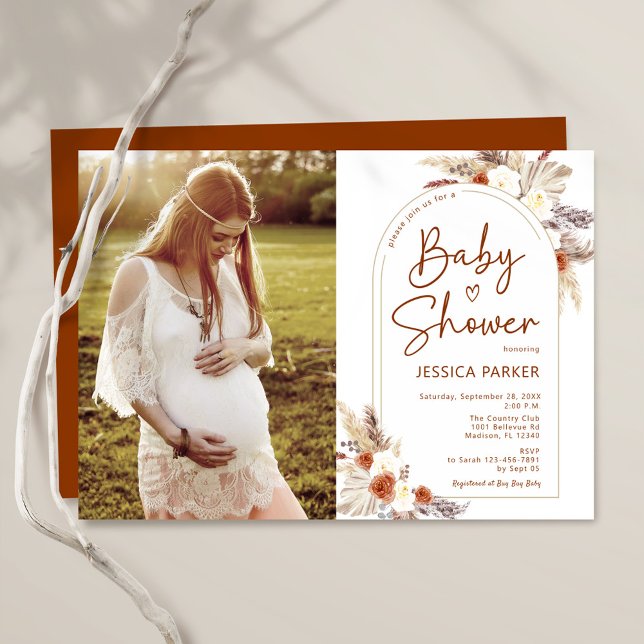 Invitation Baby shower photo Pampas Grass Boho Terracotta (Créateur téléchargé)