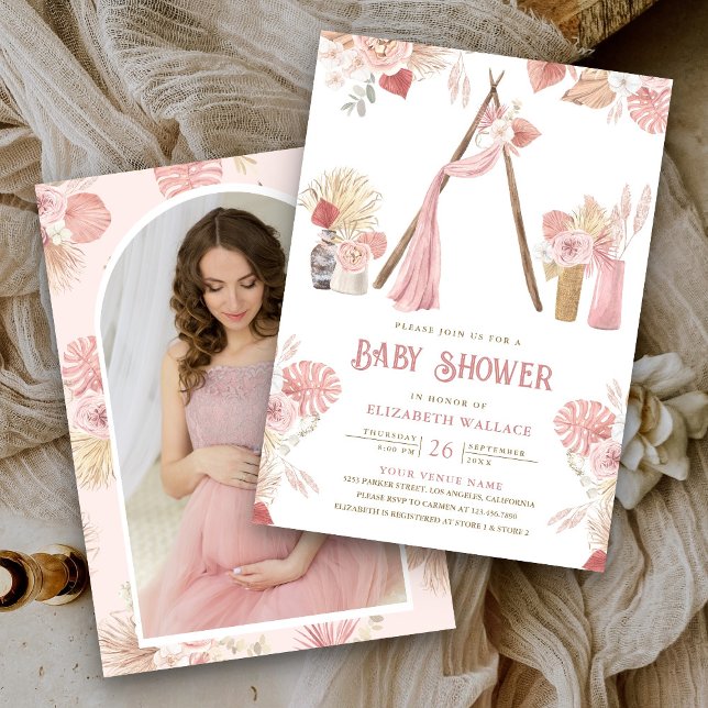 Invitation Baby shower photo rose Floral Boho Beach Arbor (Créateur téléchargé)