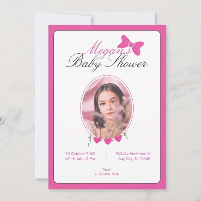 Invitation Baby shower photo ruban arc rose (Devant)