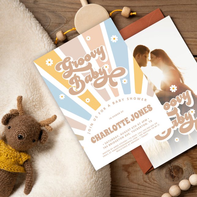 Invitation Baby shower photo super Baby Rose Retro Daisies (Créateur téléchargé)