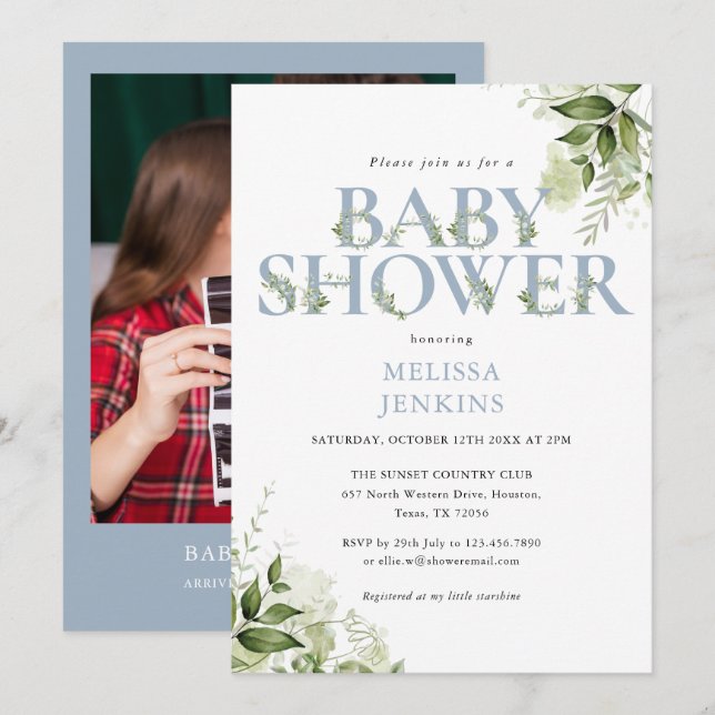 Invitation Baby shower photo vert Foliage Boy Dusty Blue (Devant / Derrière)
