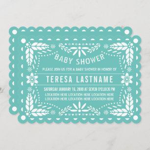 Invitation Baby shower picado papier turquoise clair et blanc