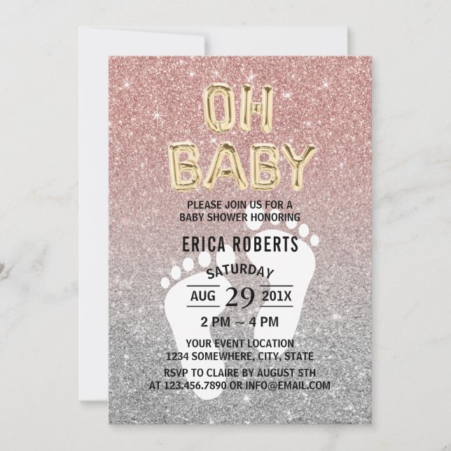 Invitation Baby shower Pieds Imprimer Rose Gold & Silver Part (Devant)