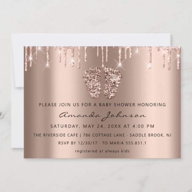 Invitation Baby shower Pieds Parties scintillant Rose Gold Dr (Devant)