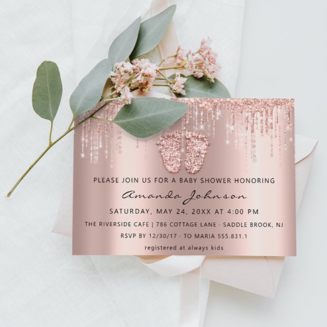 Invitation Baby shower Pieds Parties scintillant Rose Gold Dr (Baby Shower Feet Glitter Rose Gold Drips Boy Girl Invitation)