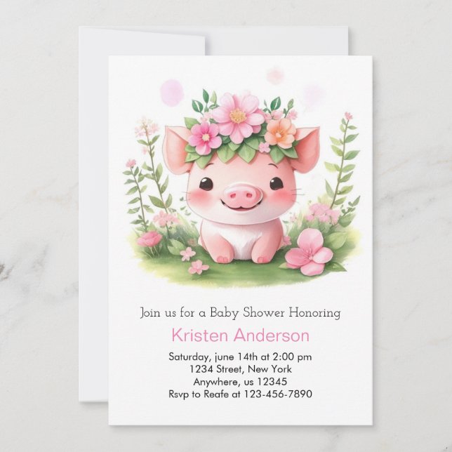 Invitation Baby shower Piglet Fille de la ferme rose (Devant)