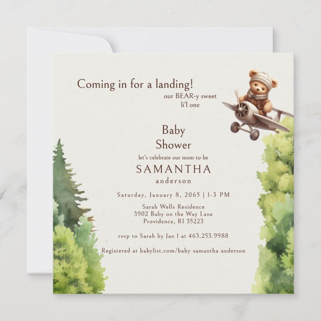 Invitation Baby shower pilote carré Crème mignonne Ours (Devant)