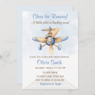 Invitation Baby shower pilote de piste d'avion bleu mûre