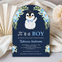 Baby Shower Pingouin Floral Aquarelle Bleu Marine