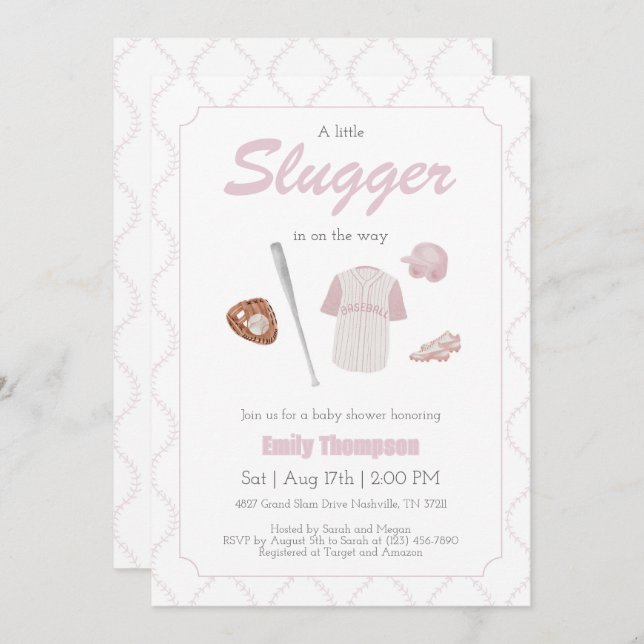Invitation Baby shower Pink A Little Slugger (Devant / Derrière)