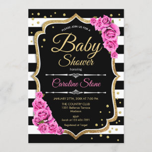 Invitation Baby shower Pink Black White Stripes