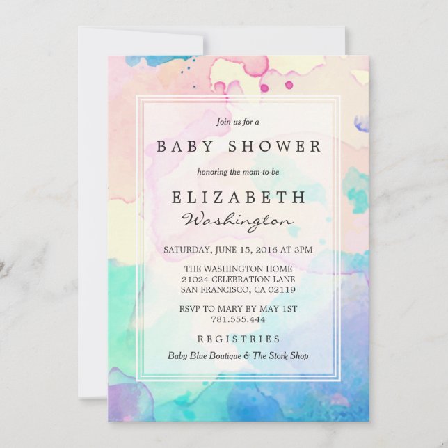 Invitation Baby shower | Pink Blue & Purple Watercolor Splash (Devant)