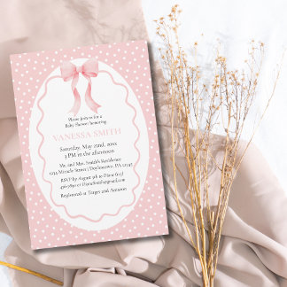 Invitation Baby Shower Pink Bow Dots Baby Girl Modern 