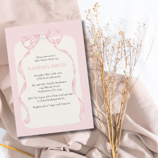 Invitation Baby Shower Pink Bow Pearl Baby Girl Modern 