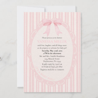 Invitation Baby Shower Pink Bow Stripes Baby Girl Cute Modern
