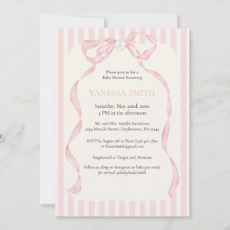 Invitation Baby Shower Pink Bow Stripes Baby Girl Modern 