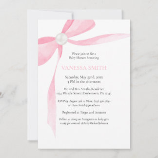 Invitation Baby Shower Pink Bow White Pearl Baby Girl Modern 