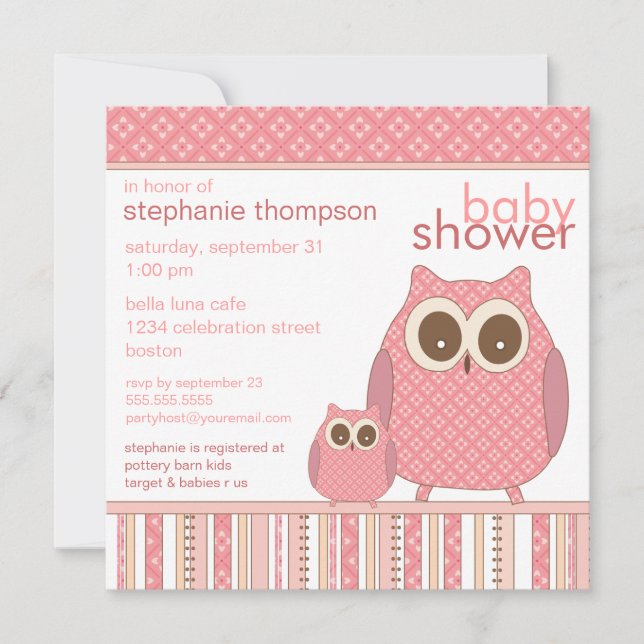 Invitation Baby shower PInk de Mama Owl & Baby Owl (Devant)