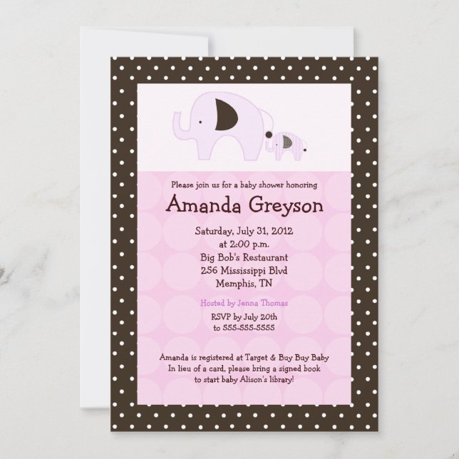 Invitation Baby shower Pink Dottie Elephant 5x7 (Devant)