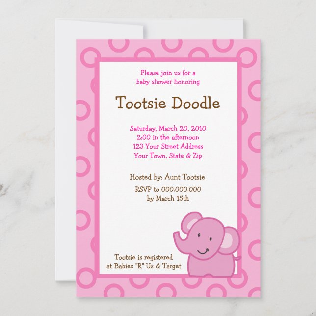Invitation Baby shower Pink Elephant 5x7 (Devant)