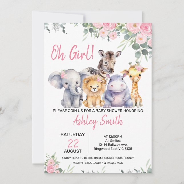 Invitation Baby shower Pink Floral Eucalyptus Safari (Devant)