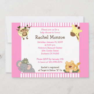 Invitation Baby shower Pink Girl Jungle Safari Friends 5x7