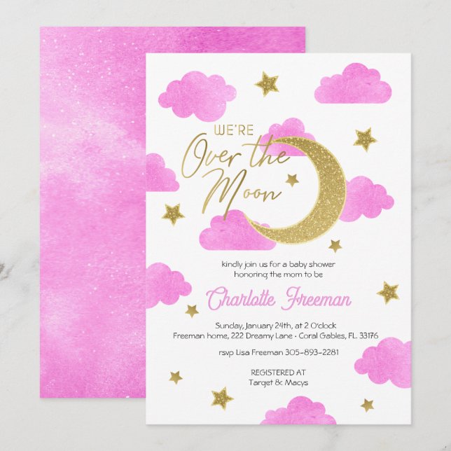 Invitation Baby shower Pink Gold Moon & Stars (Devant / Derrière)